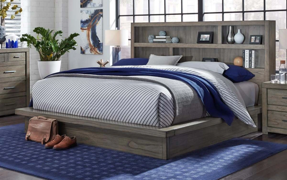 The aspenhome Modern Loft collection queen-size bed frame with blue bedding and décor 