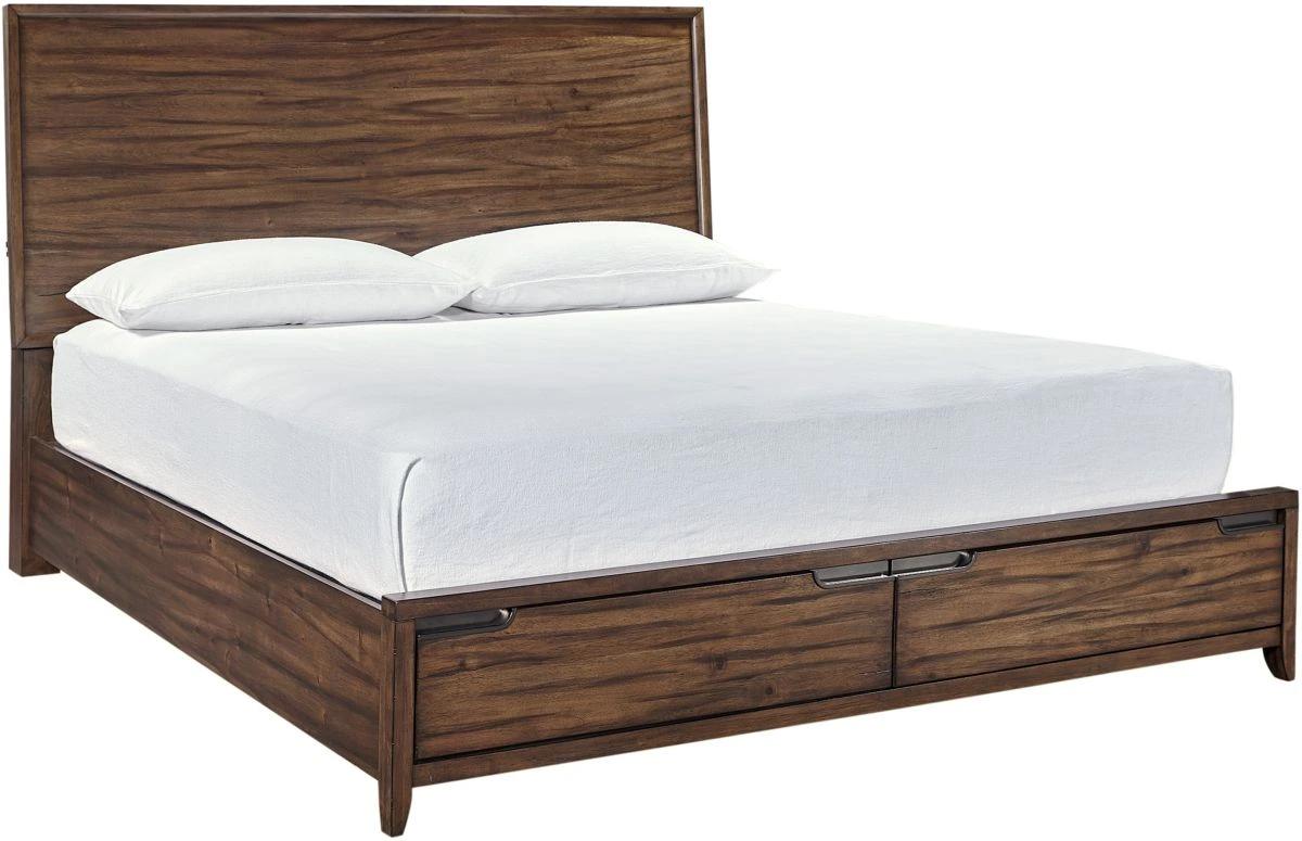 Front view of the aspenhome Peyton collection queen-size bed frame with white bedding 