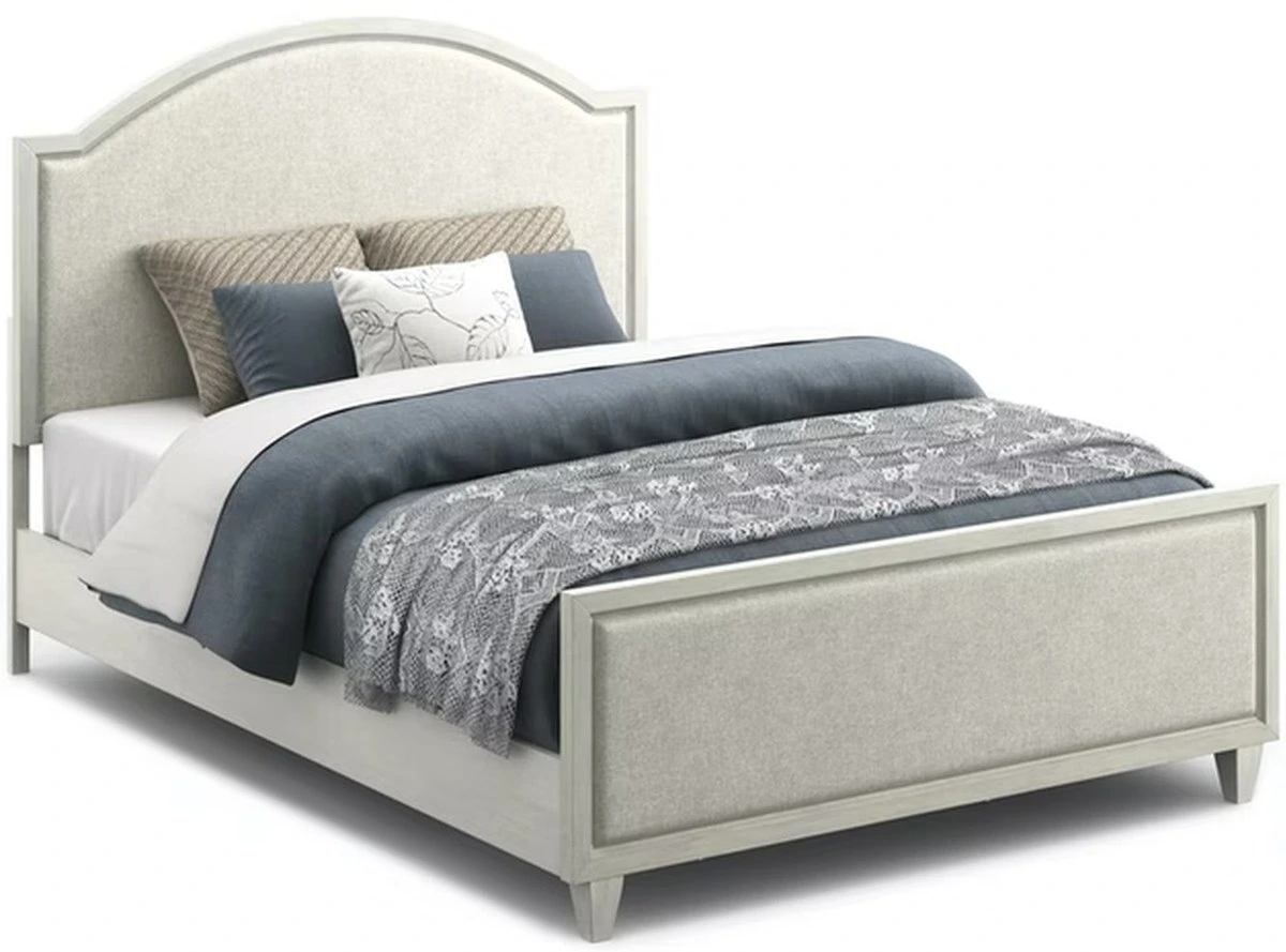The Flexsteel Newport collection queen bed frame with blue, white, and tan bedding 
