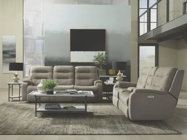 The Flexsteel Arlo collection reclining sofa and loveseat in a contemporary style living room 