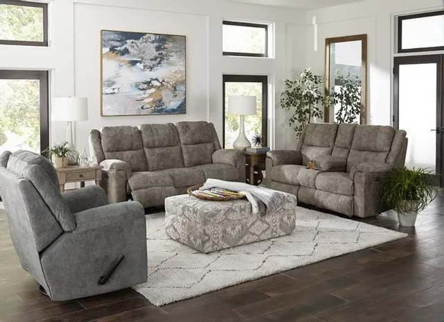 Credit: England Furniture The England Furniture EZ9Z00 collection recliner sofa, loveseat, and chair in a living room