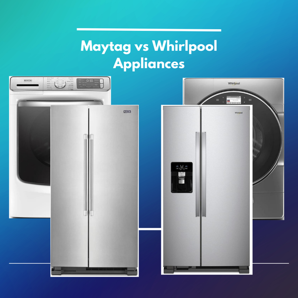 A graphic of Maytag vs Whirlpool appliances against a blue background