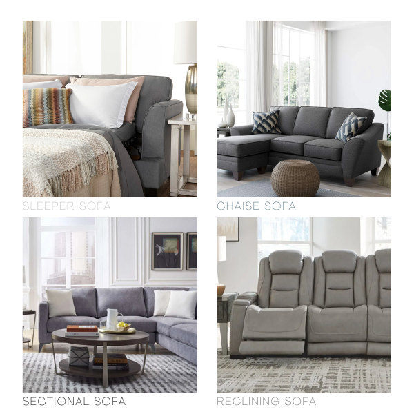 A graphic with four types of grey furniture