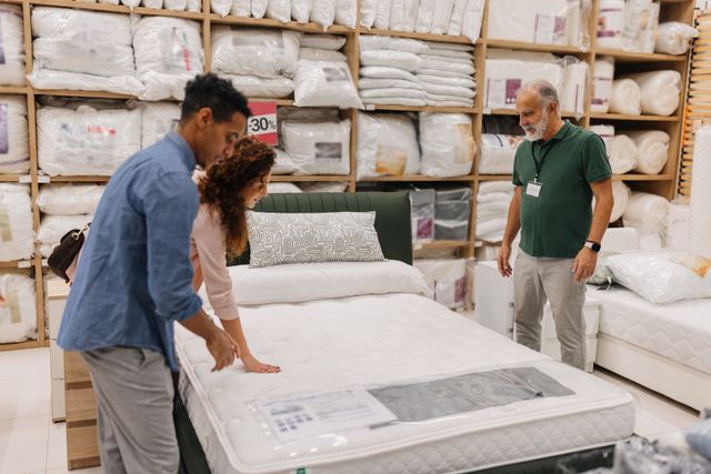 View of a couple shopping in a mattress store with an associate helping them