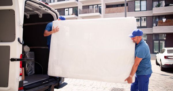 Two men hauling a mattress