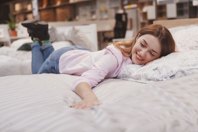 Front view of a woman testing a mattress in store