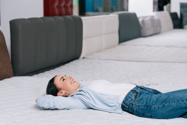 Front view of a woman laying on a mattress in a mattress store