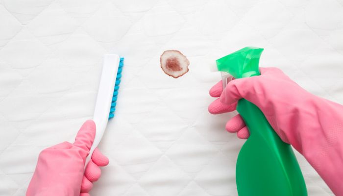 Pink rubber gloves hold scrub brush and cleaning spray. Mattress with blood stain.