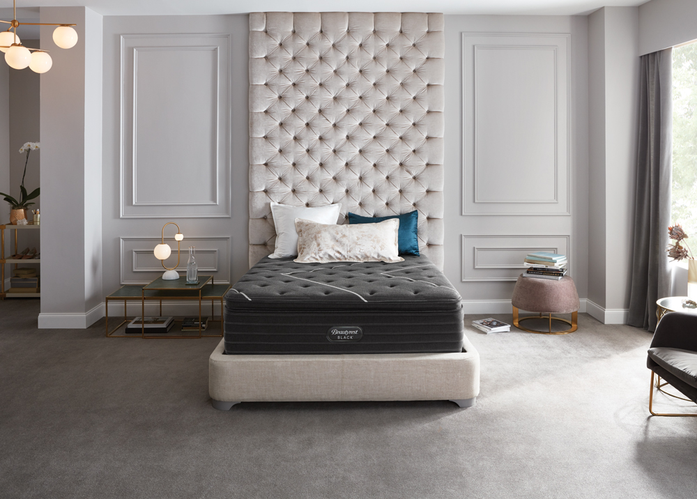 Credit: Simmons Beautyrest Romantic style bedroom staged with a Beautyrest black mattress