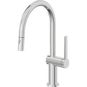 California Faucets Pull-Down Kitchen Faucet with Button Sprayer - Low Arc Spout Front view of the California Faucets Pull-Down Kitchen Faucet with Button Sprayer - Low Arc Spout
