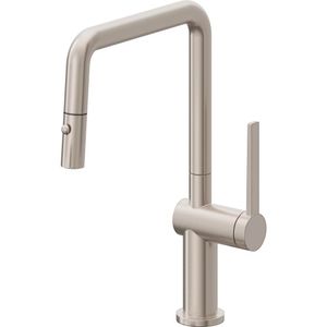 California Faucets Pull-Down Kitchen Faucet with Button Sprayer - Quad Spout Front view of the California Faucets Pull-Down Kitchen Faucet with Button Sprayer - Quad Spout