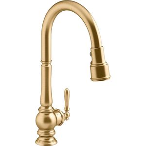 Kohler Artifacts® Touchless pull-down kitchen sink faucet with three-function sprayhead Front view of the Kohler Artifacts® Touchless pull-down kitchen sink faucet with three-function sprayhead
