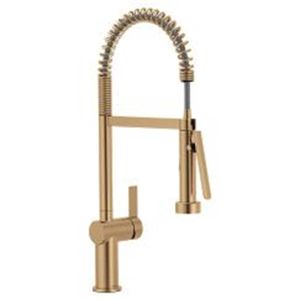 Moen Bronzed gold (bzg) one-handle pulldown kitchen faucet Front view of the Moen Bronzed gold (bzg) one-handle pulldown kitchen faucet