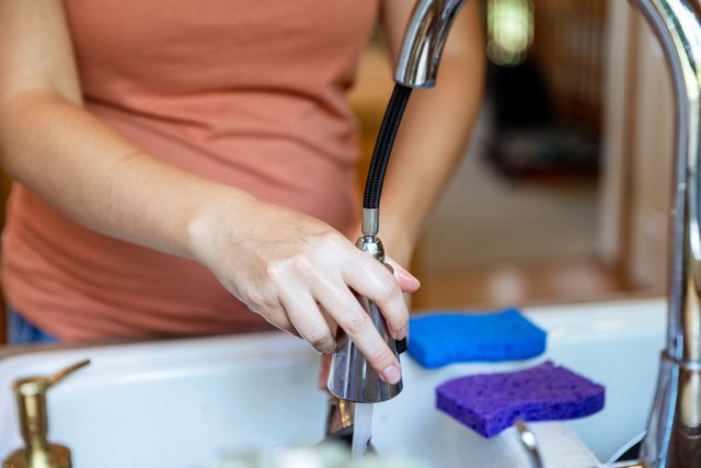 Credit: iStock Front view of a woman using a pull down faucet to clean dishes