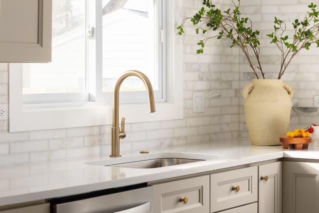 View of a luxury kitchen with a single hole pull down faucet View of a luxury kitchen with a single hole pull down faucet