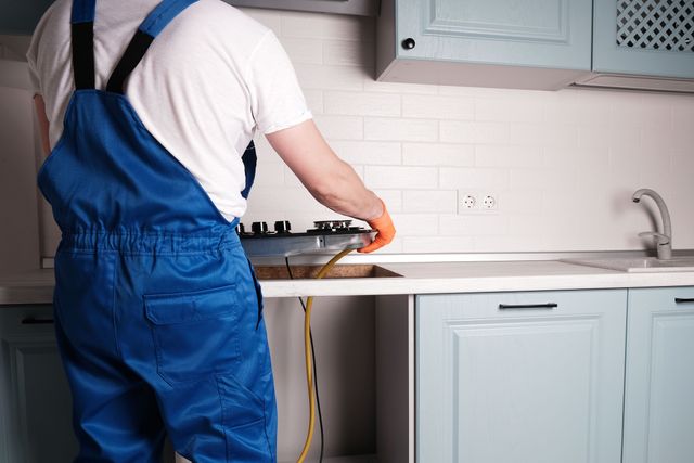 View of a handyman from behind as he replaces a stovetop in a modern kitchen