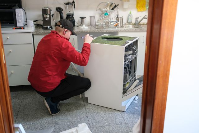 Front view of a man having trouble installing and hooking up a dishwasher