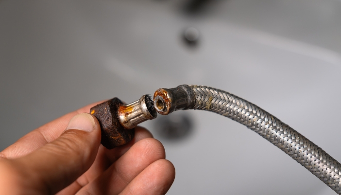 Closeup of a corroded washing machine hose
