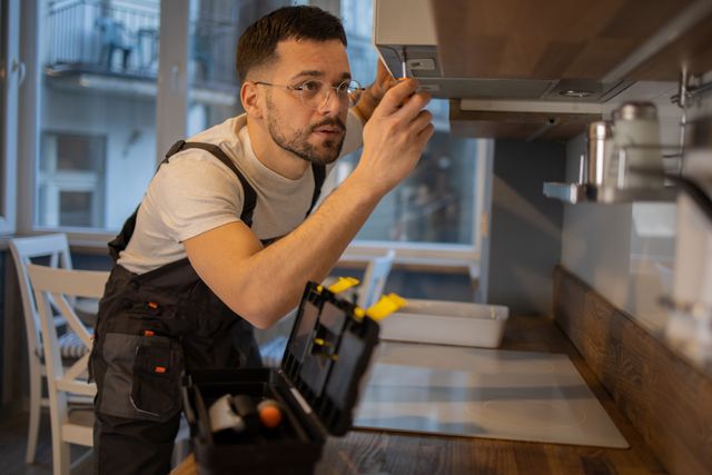 Front view of a man installing an under cabinet range hood