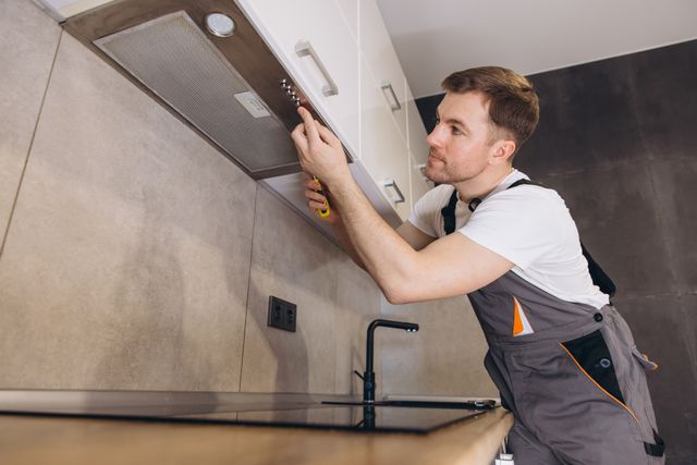 View of a man installing an under cabinet range hood in a modern kitchen