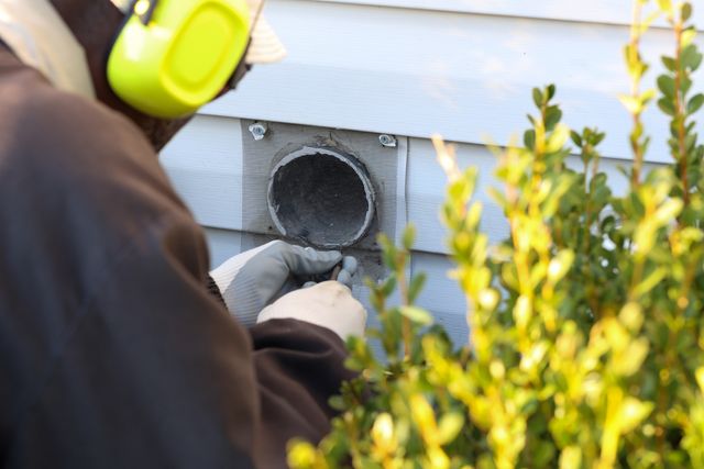 Credit: iStock Front view of a man installing an exterior vent outdoor for a dryer installation