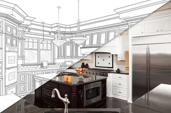 Graphic showing a kitchen concept to completion Graphic showing a kitchen concept to completion