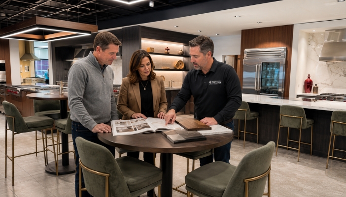 A designer works with a couple to choose their design in a showroom.