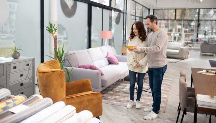 A couple shops for furniture in a showroom