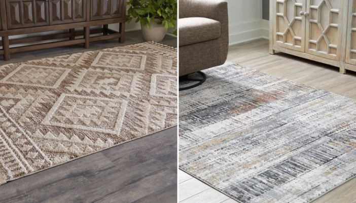 Grand tapis texturé reliant le divan, les fauteuils et la table de salon dans un salon harmonieux