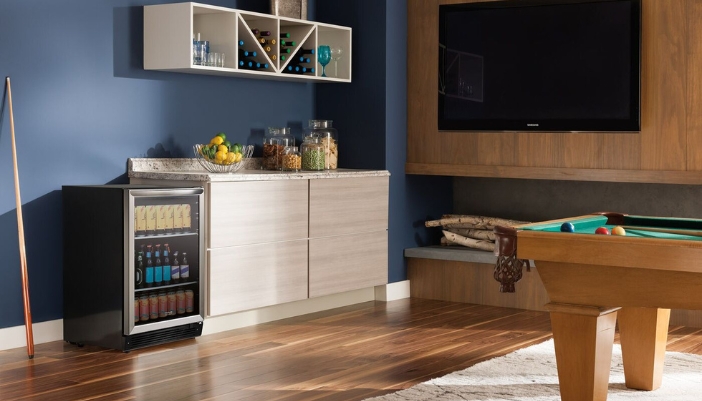 A beverage center in a home's game room.