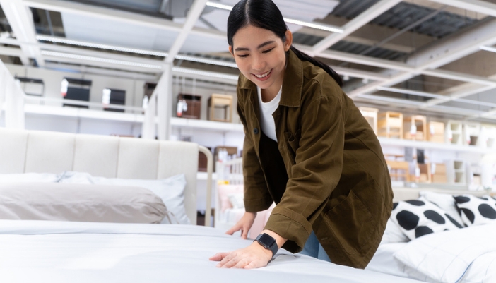 A smiling woman presses down on a mattress in a showroom.