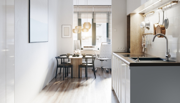 A brightly lit modern kitchen with luxury appliances.