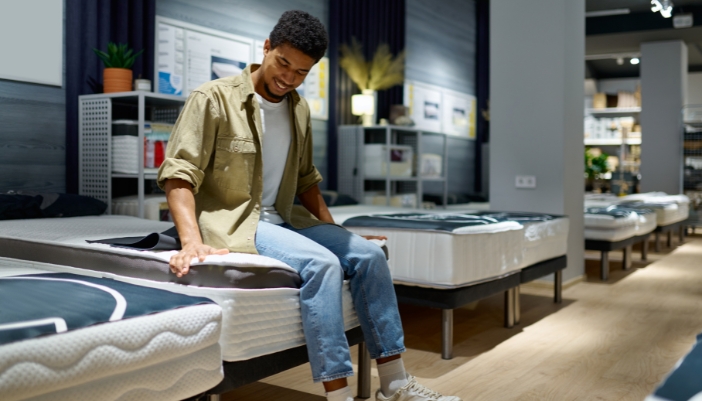 A man sits on a mattress in a showroom to test it.