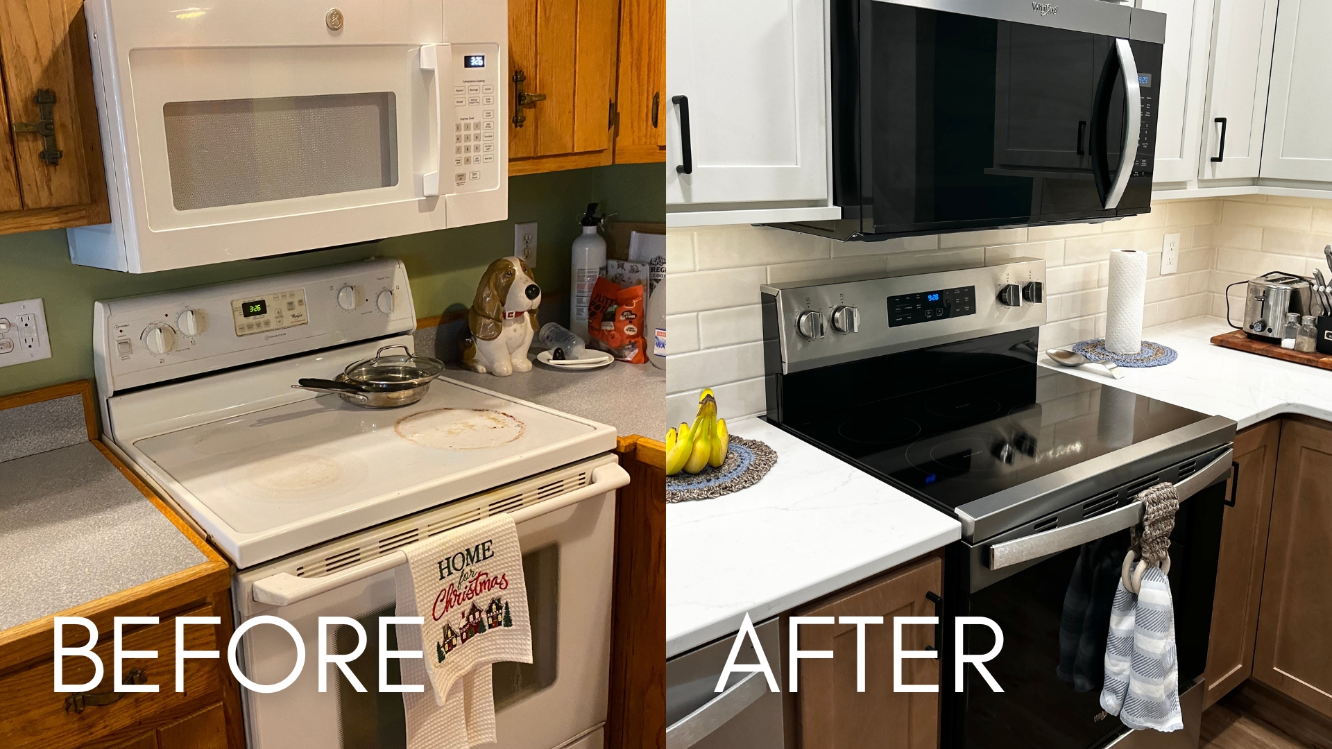 before and after kitchen appliances side by side showing old white electric range and microwave hood and new stainless steel cooking appliances