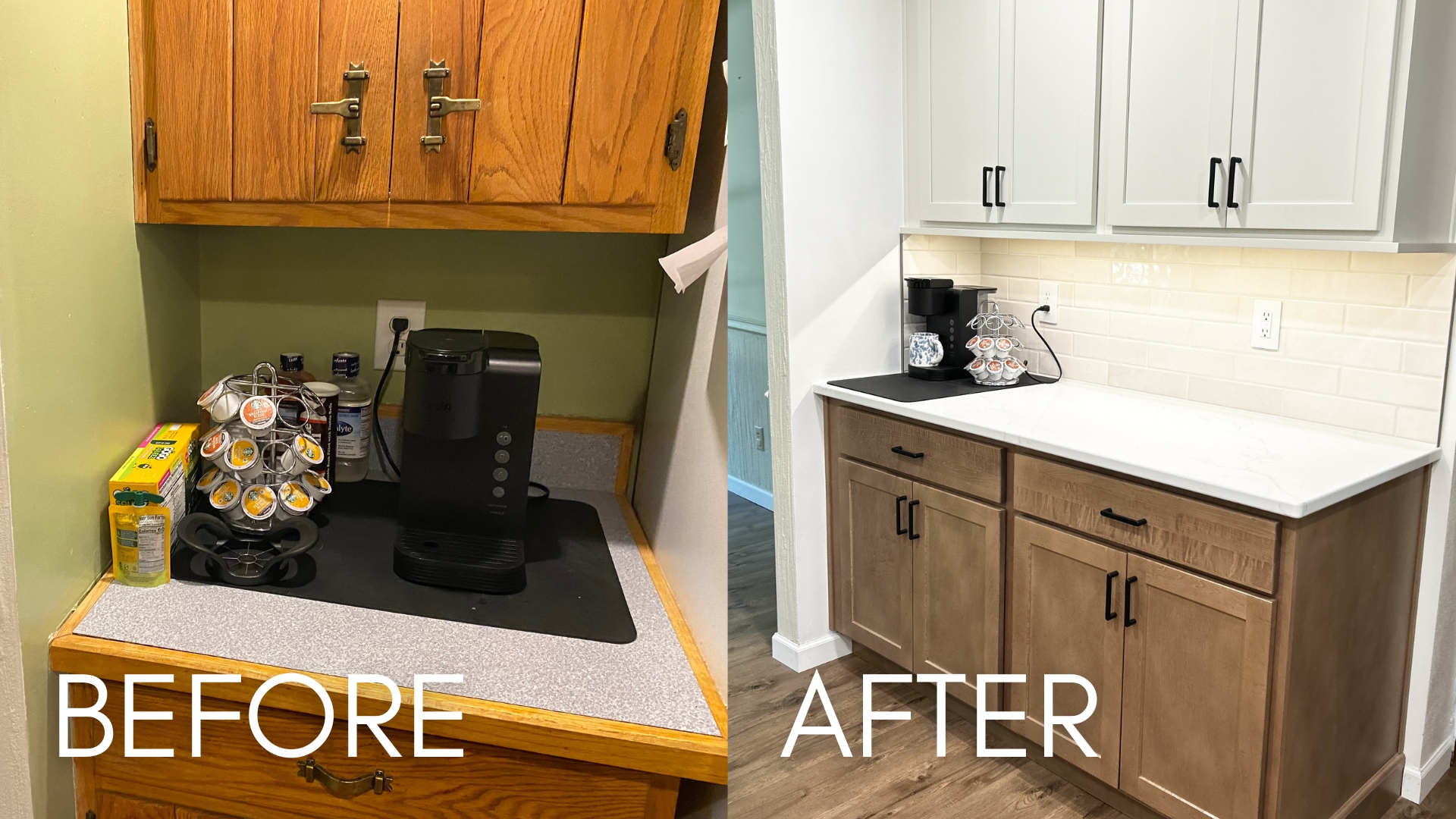 before and after coffee station setup in kitchen