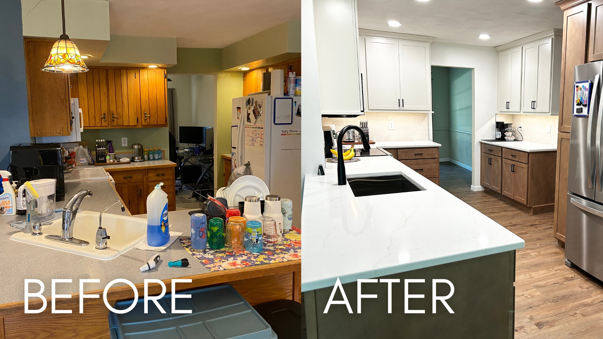 before and after side by side of kitchen reno with peninsula design