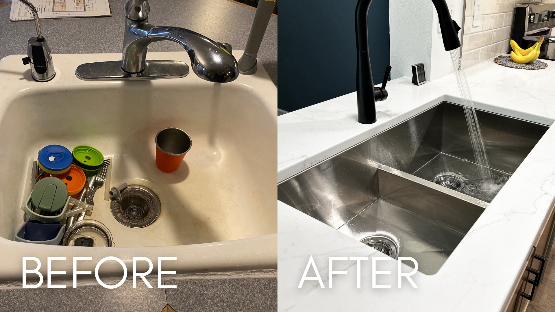 before and after images of kitchen sink changes from corner single sink to double stainless sink