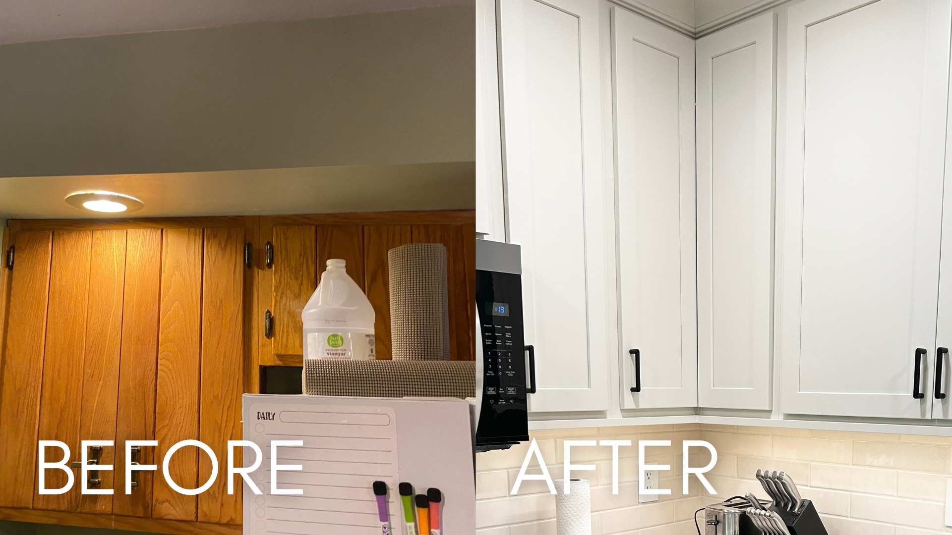before and after images of kitchen wall soffits removed with new cabinet extending to ceiling