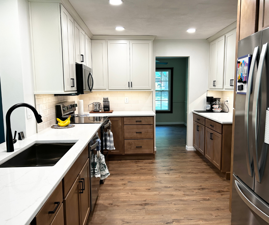 kitchen image with medium stained maple cashew base cabinets and painted shoji white wall cabinets