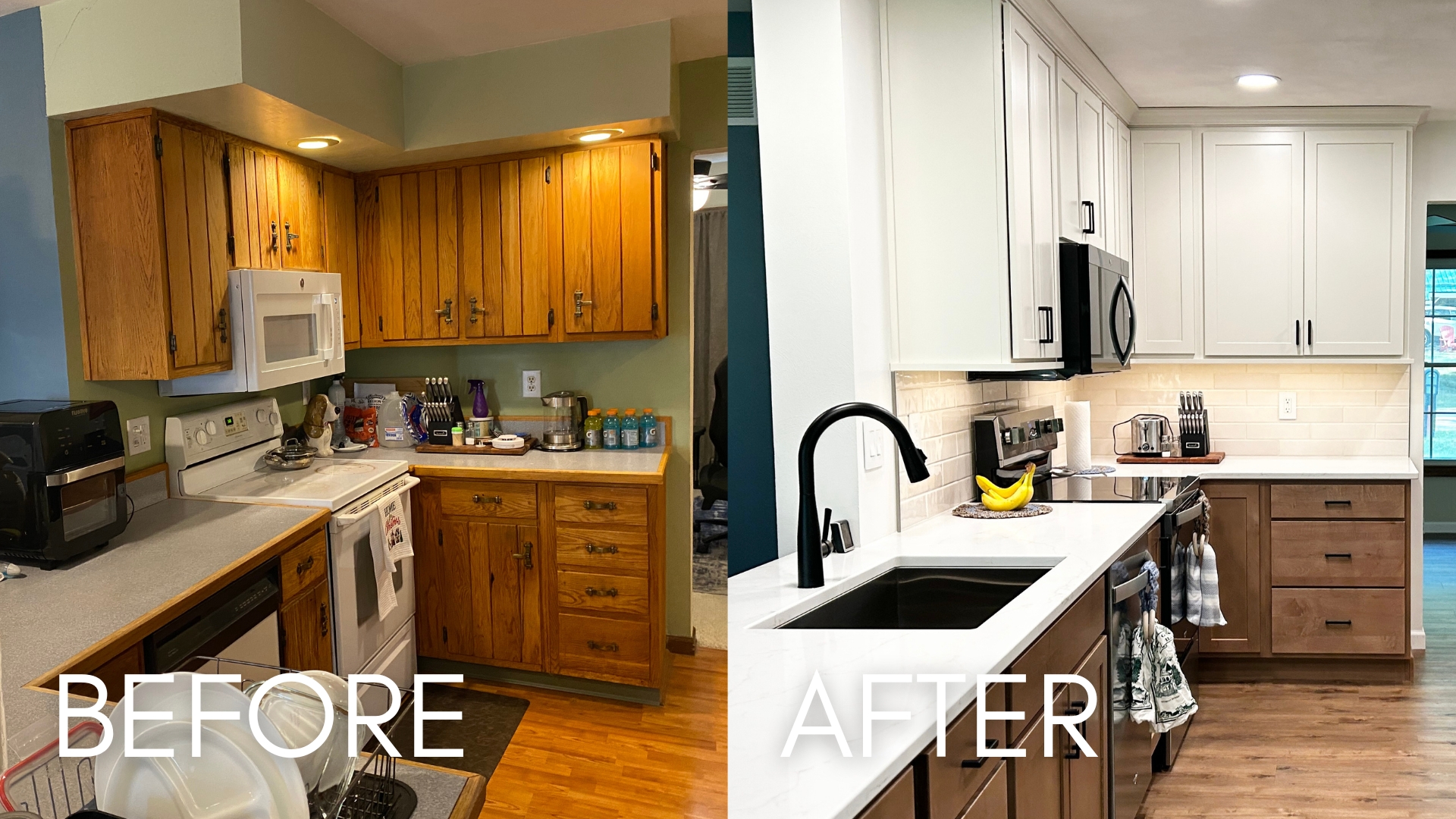A before & after of a kitchen remodel with multiple modern cabinet colors.