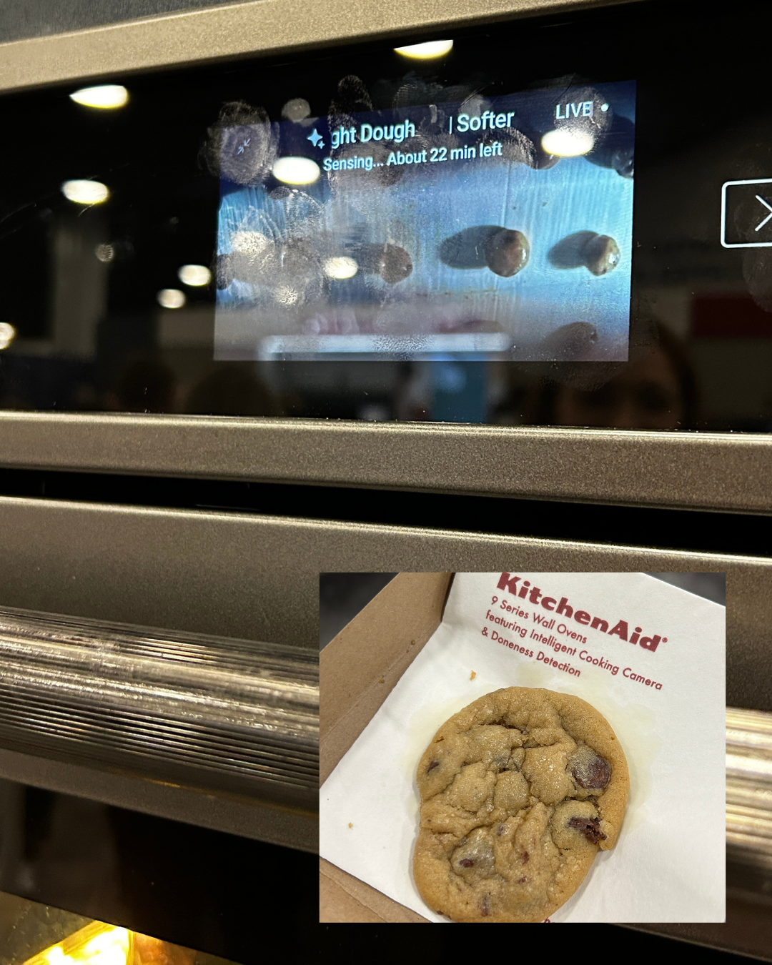 closeup of wall oven control panel and screen showing doneness detection camera inside view of oven with tray of cookies baking
