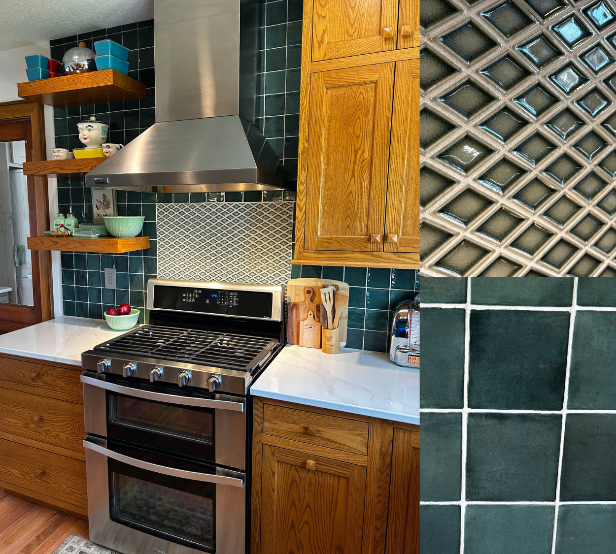 images of accent tile above range and detail images of emerald green tile selections