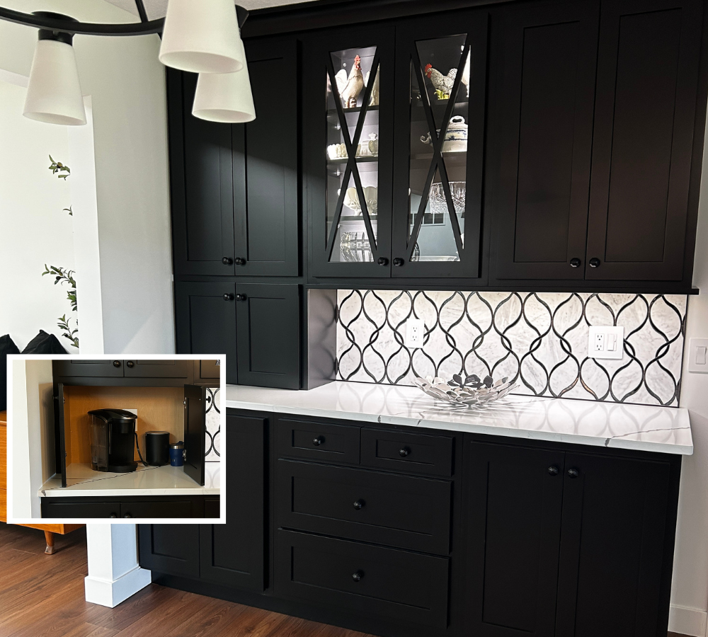 dining area hutch to match kitchen with appliance garage to conceal coffee pot when not in use