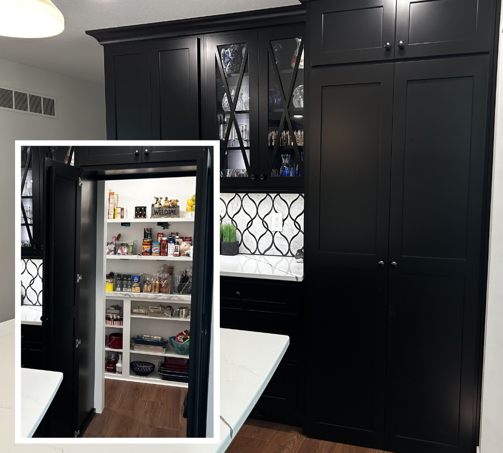 hidden walk in pantry front in lack painted kitchen with shaker style cabinets