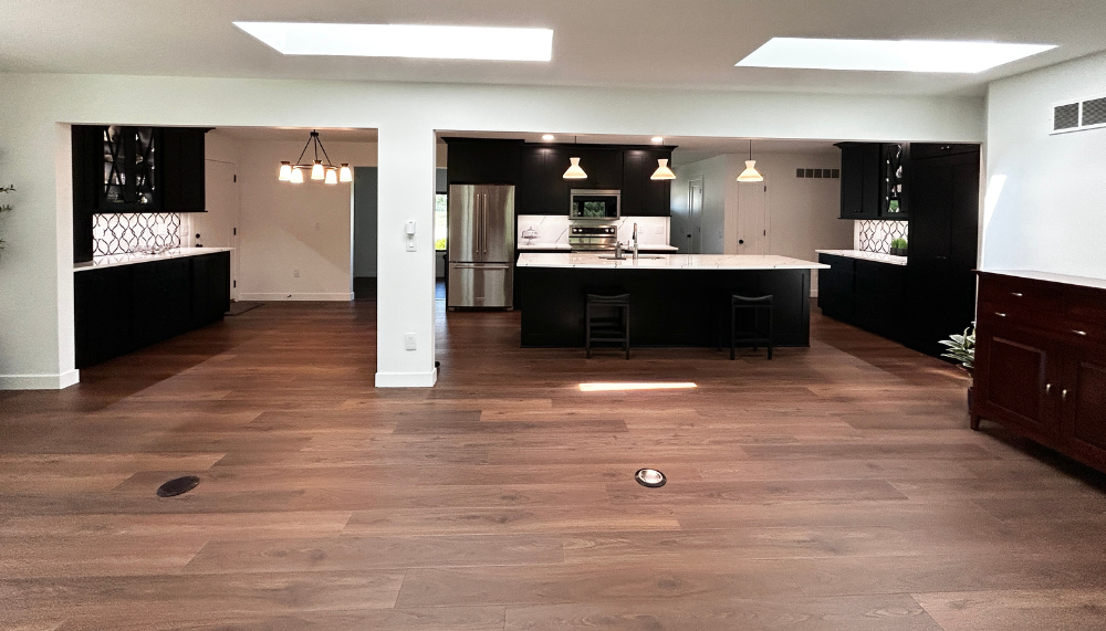 open concept kitchen design with walls removed and new COREtec flooring installed