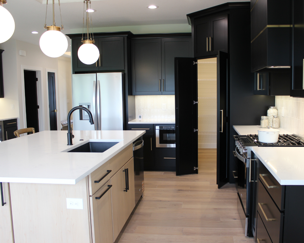 view into kitchen and corner kitchen pantry