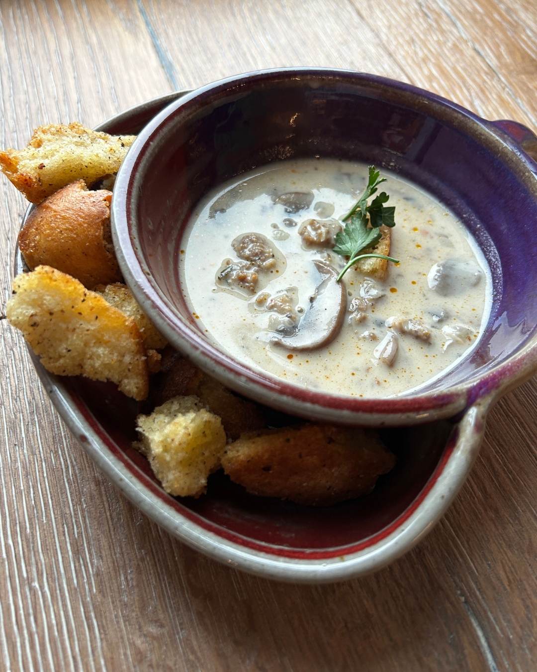 bowl of creamy mushroom sausage soup