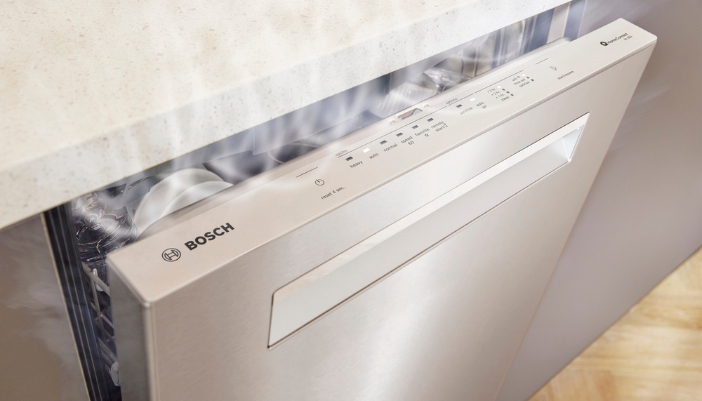 A close-up of the control panel of a Bosch dishwasher with steam escaping.