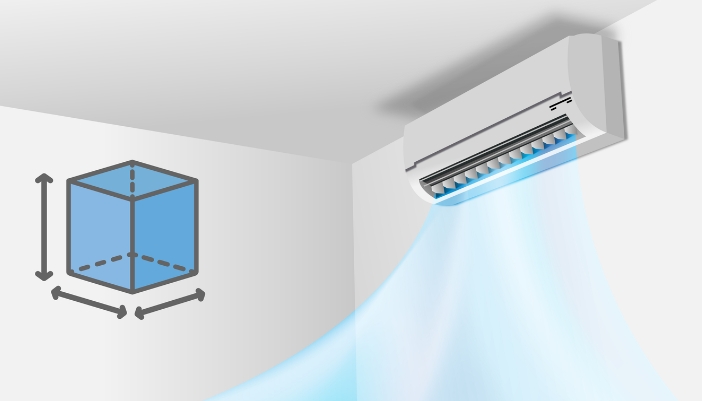 A wall air conditioning unit with an ice cube diagram nearby.