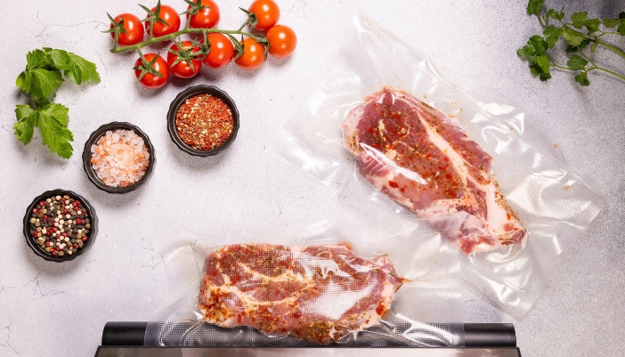 Seasoned cuts of meat in vacuum-sealed bags beside cherry tomatoes, fresh herbs, and spices, ready for sous-vide cooking